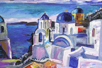 Город Фира. Столица острова Санторин. 2008. Холст, масло. 60х100